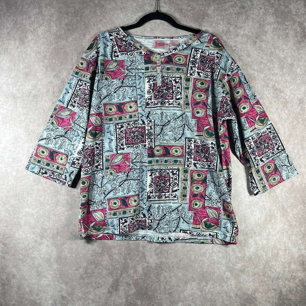 Vintage Pennylane Shirt S Blue Red Floral Henley 3/4 Sleeve Casual Boho Cotton